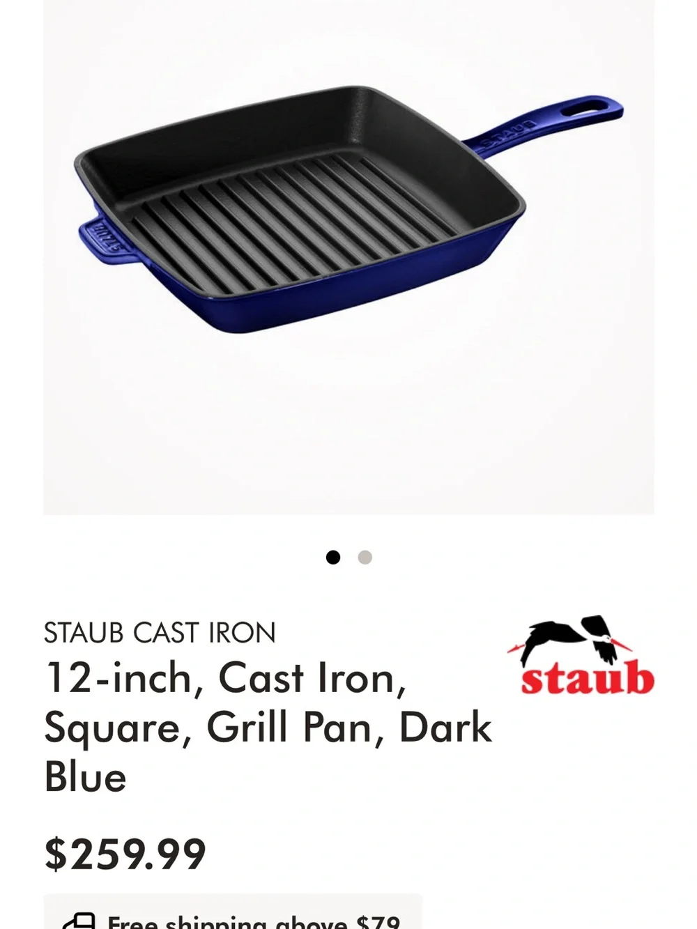 Staub Enameled Cast Iron 12 Inch Square Grill Pan Dark Blue Navy NIB France